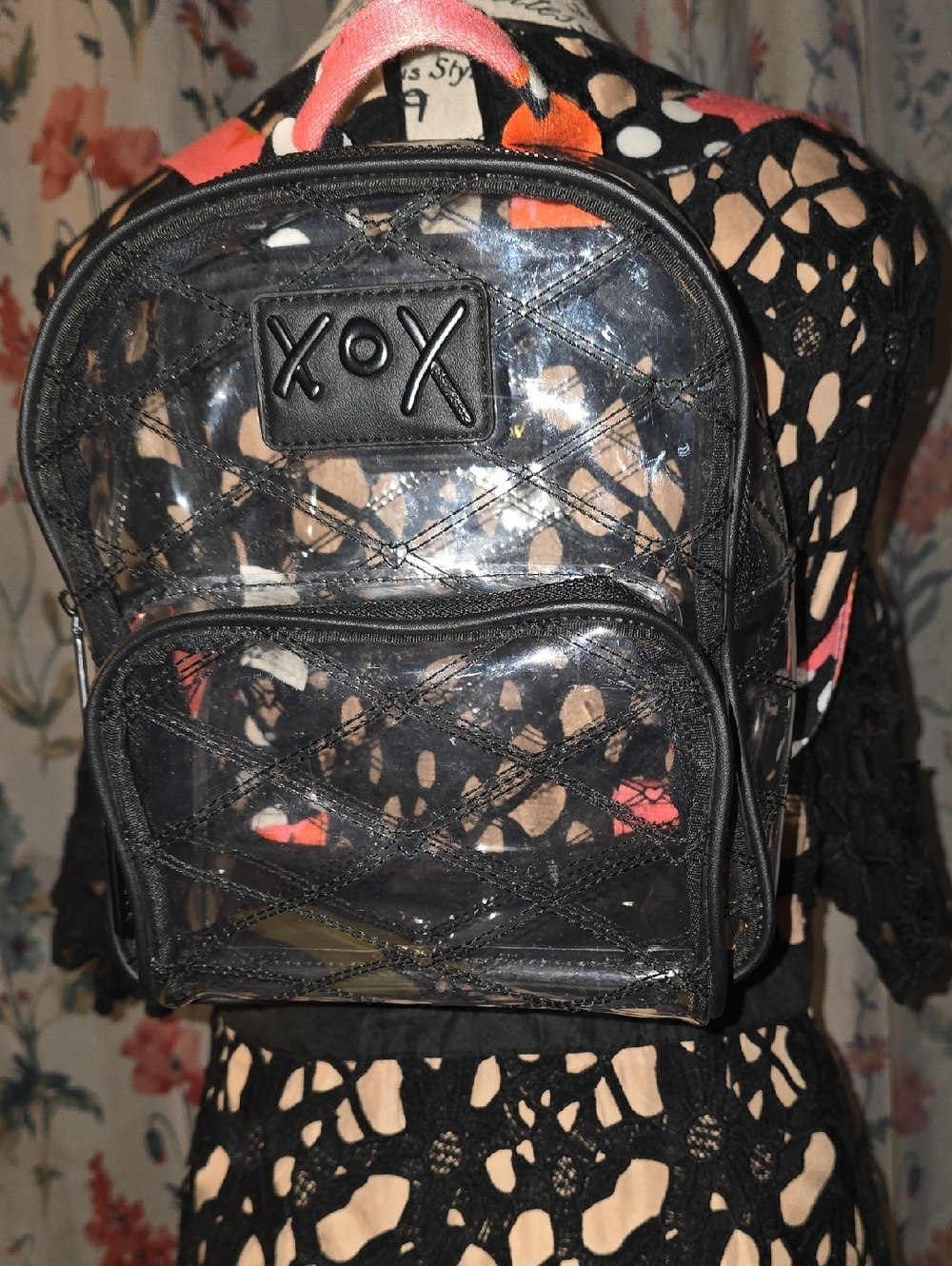 XOX Betsey Johnson  Clear Quilted Mini Backpack - Black with Peach/Pink Accents